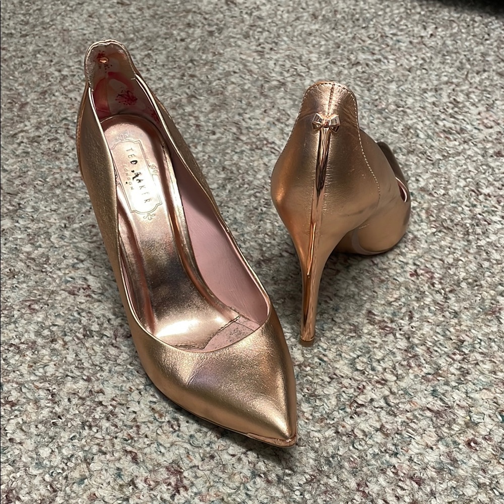 Ted baker rose gold  Metallic Heels with metal bow at back of ankle